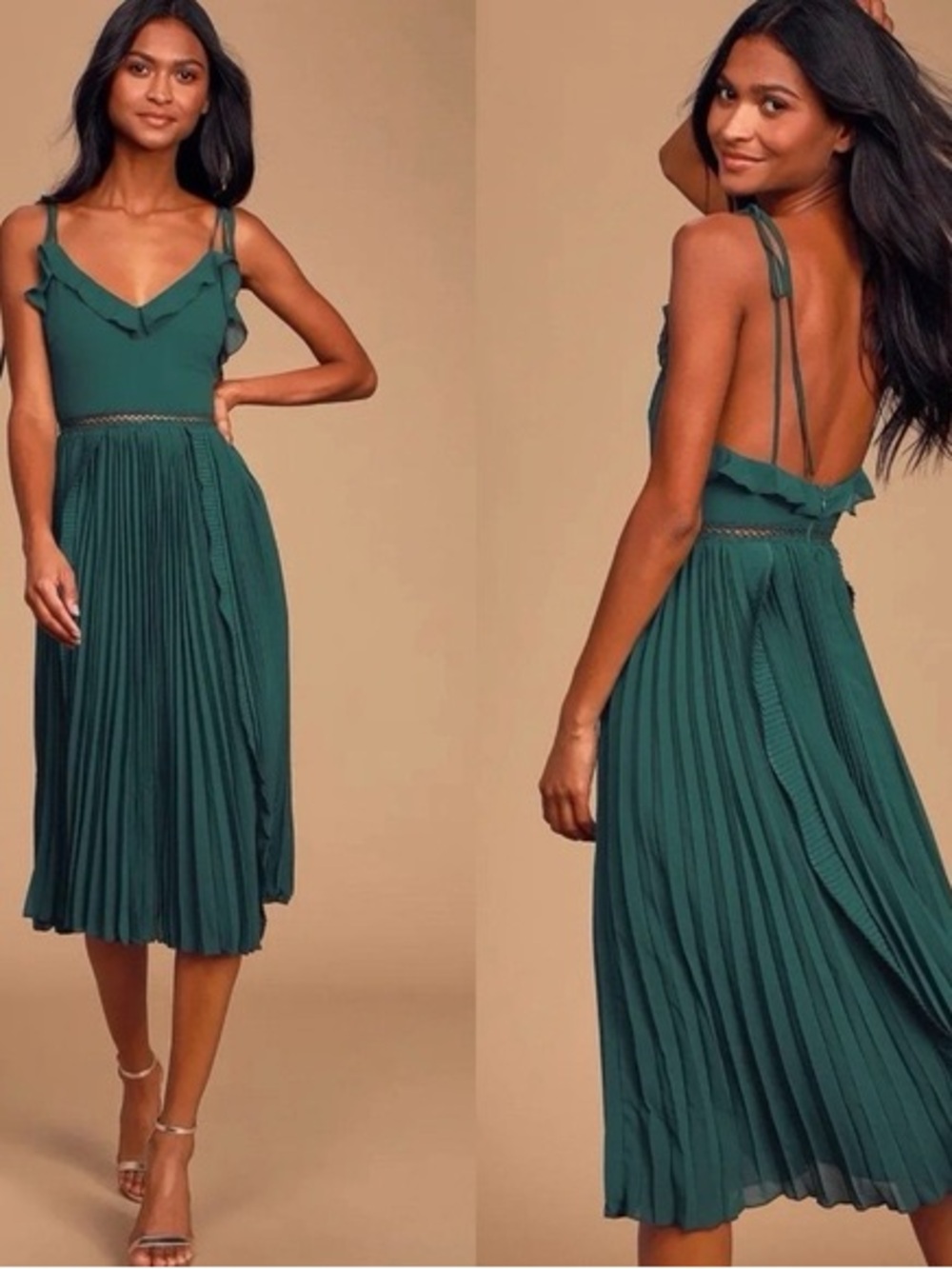 Lulu's Teal Pleated Midi Dress with Ruffle V-Neck and Open Back